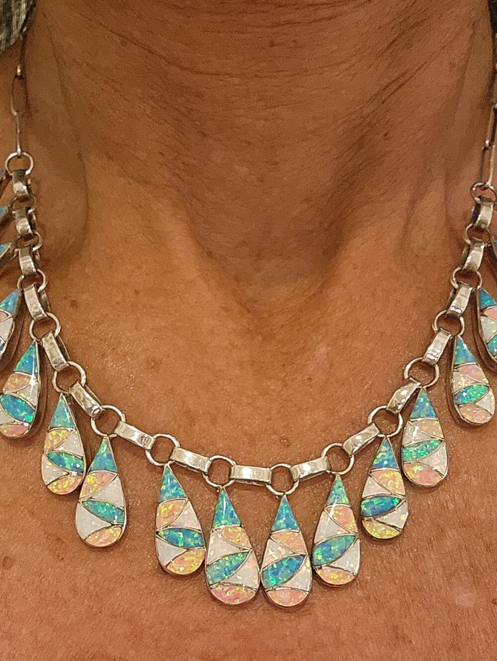 Vintage ZUNI signed And Stamped Opal Inlay .BEAUTIFUL  necklace And Earring Set.